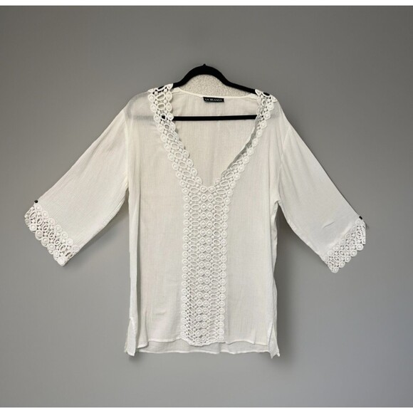 La Blanca Swimsuit Cover Up Womens M White Island Fare‎ Crochet Trim Tunic Gauze - Picture 1 of 8